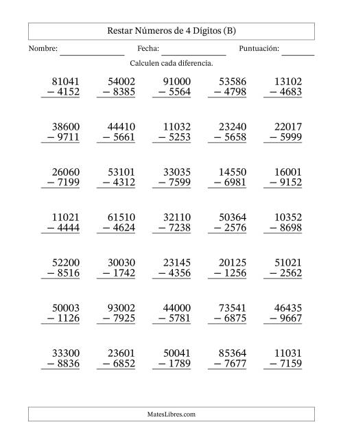 La hoja de ejercicios de Restar números de 4 dígitos con acarreo en todas las preguntas (35 preguntas) (B)