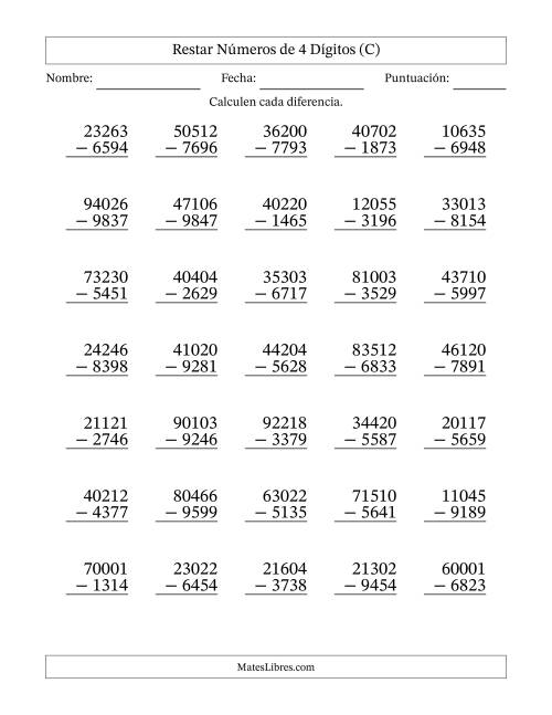 La hoja de ejercicios de Restar números de 4 dígitos con acarreo en todas las preguntas (35 preguntas) (C)