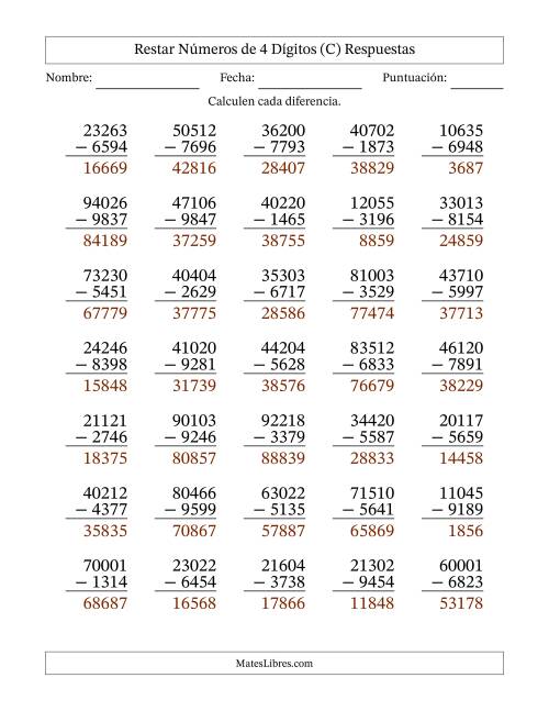 La hoja de ejercicios de Restar números de 4 dígitos con acarreo en todas las preguntas (35 preguntas) (C) Página 2