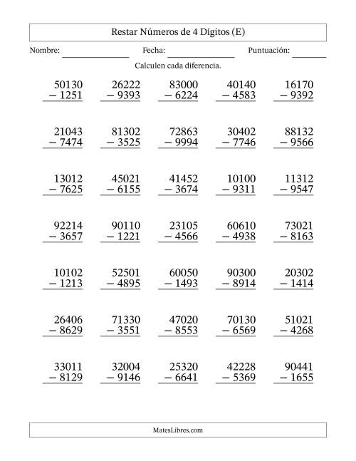 La hoja de ejercicios de Restar números de 4 dígitos con acarreo en todas las preguntas (35 preguntas) (E)