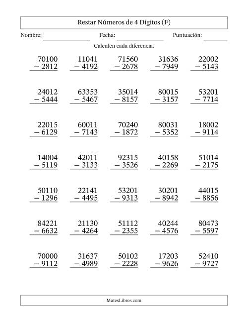 La hoja de ejercicios de Restar números de 4 dígitos con acarreo en todas las preguntas (35 preguntas) (F)