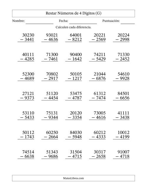 La hoja de ejercicios de Restar números de 4 dígitos con acarreo en todas las preguntas (35 preguntas) (G)