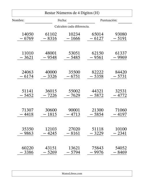 La hoja de ejercicios de Restar números de 4 dígitos con acarreo en todas las preguntas (35 preguntas) (H)