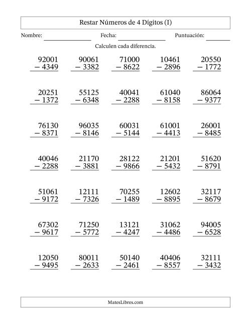 La hoja de ejercicios de Restar números de 4 dígitos con acarreo en todas las preguntas (35 preguntas) (I)