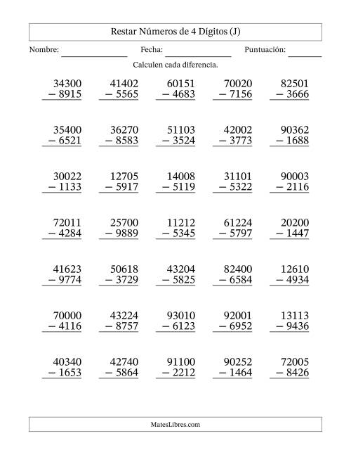 La hoja de ejercicios de Restar números de 4 dígitos con acarreo en todas las preguntas (35 preguntas) (J)
