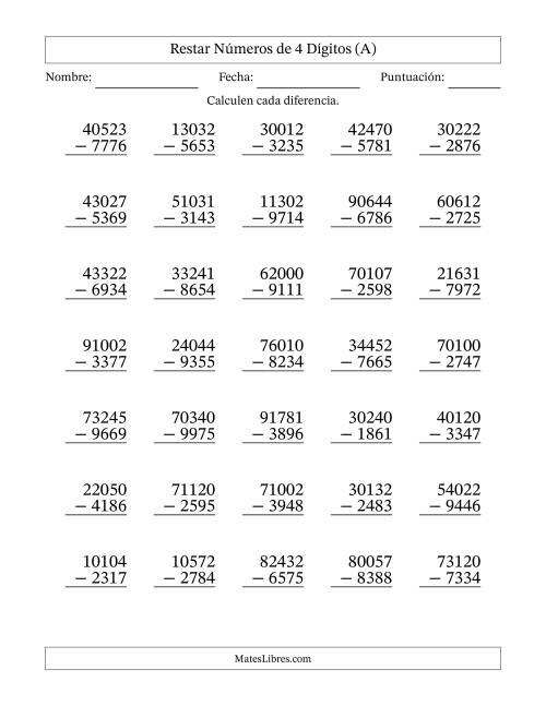 La hoja de ejercicios de Restar números de 4 dígitos con acarreo en todas las preguntas (35 preguntas) (Todas)
