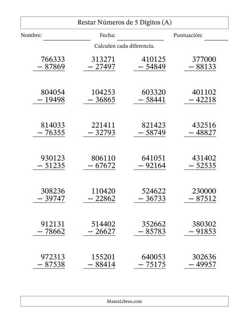 La hoja de ejercicios de Restar números de 5 dígitos con acarreo en todas las preguntas (28 preguntas) (A)
