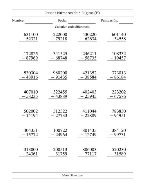 La hoja de ejercicios de Restar números de 5 dígitos con acarreo en todas las preguntas (28 preguntas) (B)