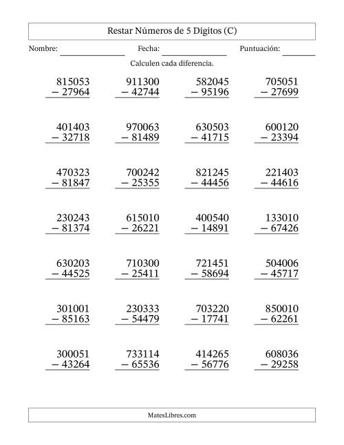 La hoja de ejercicios de Restar números de 5 dígitos con acarreo en todas las preguntas (28 preguntas) (C)