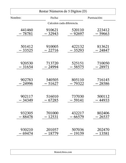 La hoja de ejercicios de Restar números de 5 dígitos con acarreo en todas las preguntas (28 preguntas) (D)