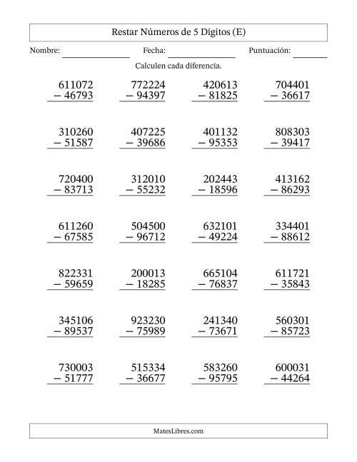 La hoja de ejercicios de Restar números de 5 dígitos con acarreo en todas las preguntas (28 preguntas) (E)