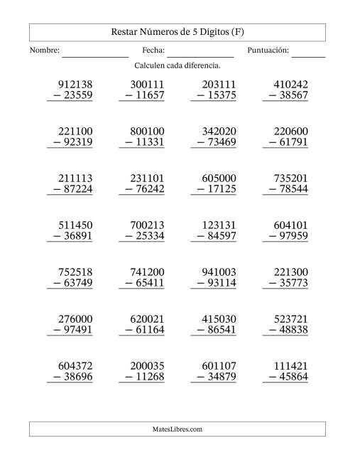 La hoja de ejercicios de Restar números de 5 dígitos con acarreo en todas las preguntas (28 preguntas) (F)