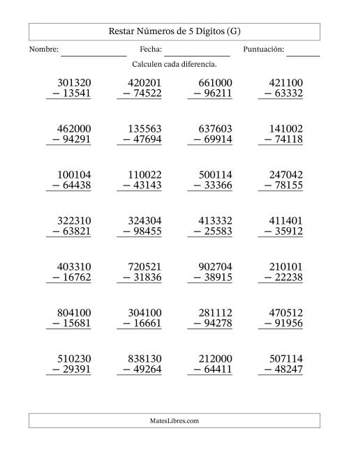 La hoja de ejercicios de Restar números de 5 dígitos con acarreo en todas las preguntas (28 preguntas) (G)