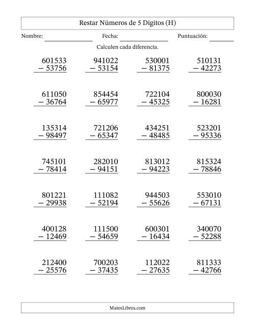 La hoja de ejercicios de Restar números de 5 dígitos con acarreo en todas las preguntas (28 preguntas) (H)