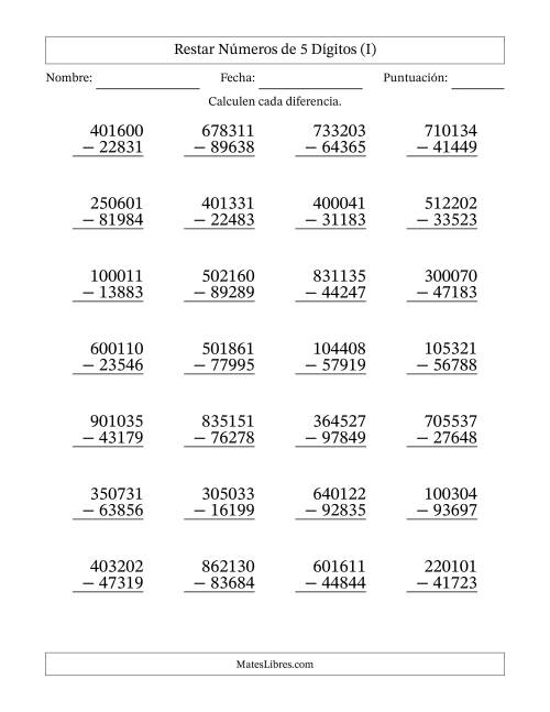 La hoja de ejercicios de Restar números de 5 dígitos con acarreo en todas las preguntas (28 preguntas) (I)