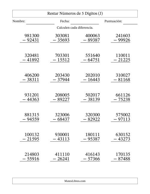 La hoja de ejercicios de Restar números de 5 dígitos con acarreo en todas las preguntas (28 preguntas) (J)