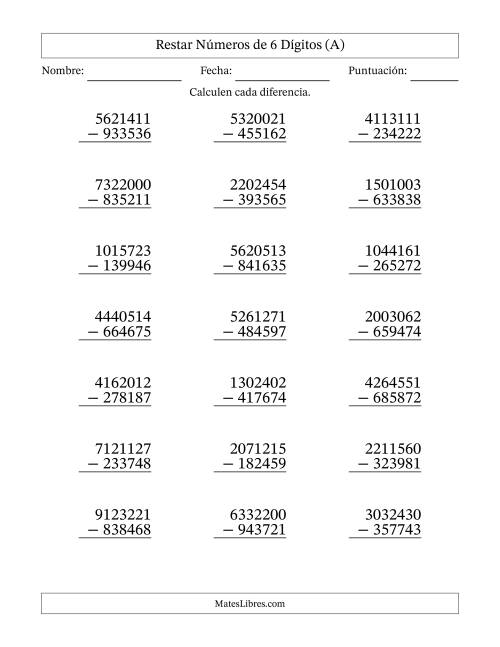 La hoja de ejercicios de Restar números de 6 dígitos con acarreo en todas las preguntas (21 preguntas) (A)