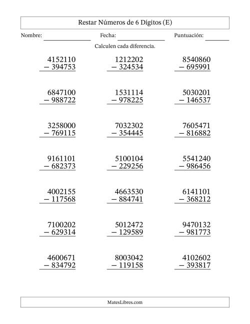 La hoja de ejercicios de Restar números de 6 dígitos con acarreo en todas las preguntas (21 preguntas) (E)