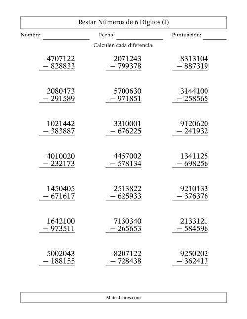 La hoja de ejercicios de Restar números de 6 dígitos con acarreo en todas las preguntas (21 preguntas) (I)