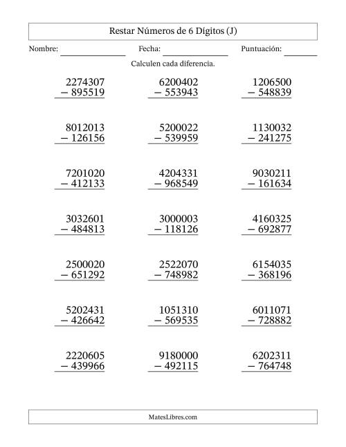 La hoja de ejercicios de Restar números de 6 dígitos con acarreo en todas las preguntas (21 preguntas) (J)