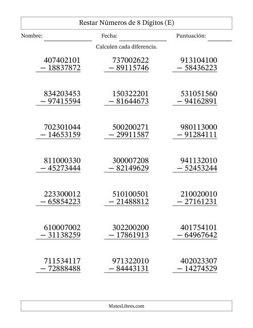 La hoja de ejercicios de Restar números de 8 dígitos con acarreo en todas las preguntas (21 preguntas) (E)