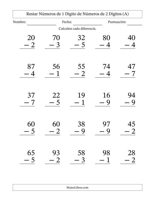 La hoja de ejercicios de Restar números de 1 dígito de números de 2 dígitos, con acarreo en algunas preguntas (25 preguntas) - Formato Grande (A)