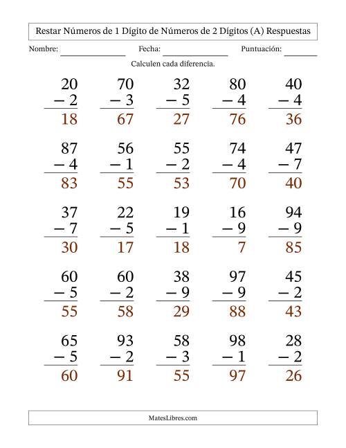 La hoja de ejercicios de Restar números de 1 dígito de números de 2 dígitos, con acarreo en algunas preguntas (25 preguntas) - Formato Grande (A) Página 2