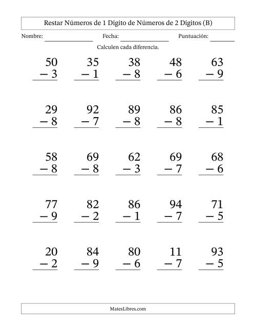 La hoja de ejercicios de Restar números de 1 dígito de números de 2 dígitos, con acarreo en algunas preguntas (25 preguntas) - Formato Grande (B)
