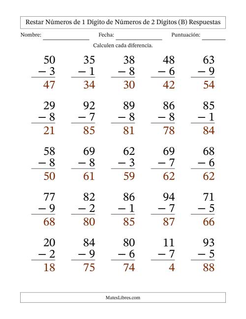 La hoja de ejercicios de Restar números de 1 dígito de números de 2 dígitos, con acarreo en algunas preguntas (25 preguntas) - Formato Grande (B) Página 2
