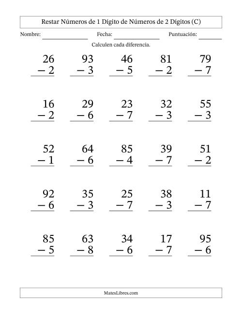 La hoja de ejercicios de Restar números de 1 dígito de números de 2 dígitos, con acarreo en algunas preguntas (25 preguntas) - Formato Grande (C)