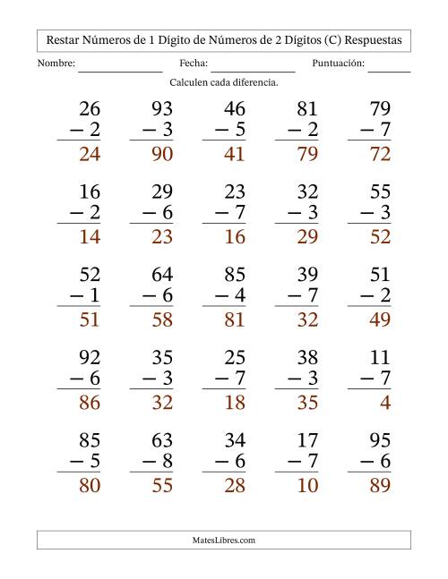 La hoja de ejercicios de Restar números de 1 dígito de números de 2 dígitos, con acarreo en algunas preguntas (25 preguntas) - Formato Grande (C) Página 2