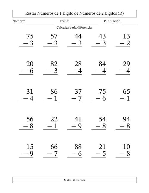 La hoja de ejercicios de Restar números de 1 dígito de números de 2 dígitos, con acarreo en algunas preguntas (25 preguntas) - Formato Grande (D)