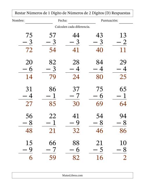 La hoja de ejercicios de Restar números de 1 dígito de números de 2 dígitos, con acarreo en algunas preguntas (25 preguntas) - Formato Grande (D) Página 2