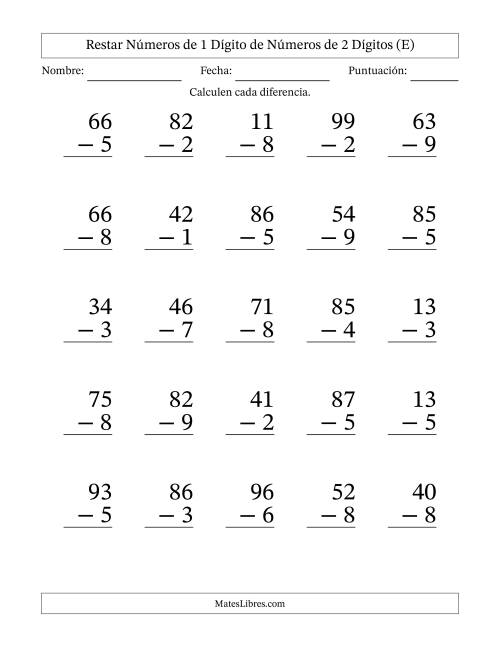 La hoja de ejercicios de Restar números de 1 dígito de números de 2 dígitos, con acarreo en algunas preguntas (25 preguntas) - Formato Grande (E)