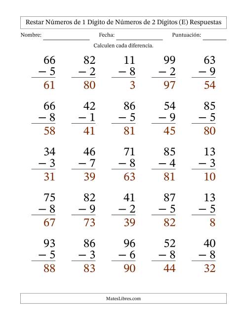 La hoja de ejercicios de Restar números de 1 dígito de números de 2 dígitos, con acarreo en algunas preguntas (25 preguntas) - Formato Grande (E) Página 2