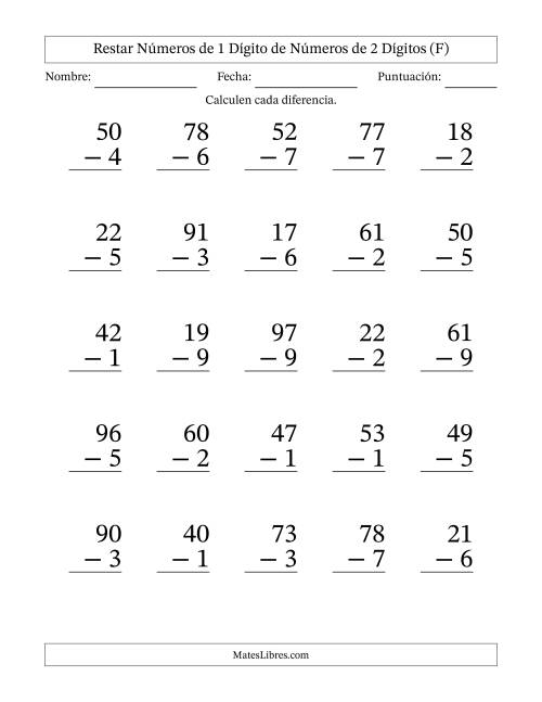 La hoja de ejercicios de Restar números de 1 dígito de números de 2 dígitos, con acarreo en algunas preguntas (25 preguntas) - Formato Grande (F)