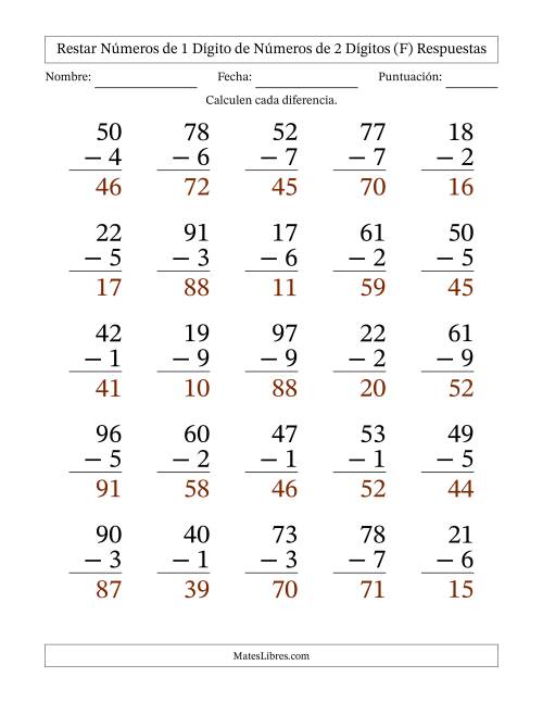 La hoja de ejercicios de Restar números de 1 dígito de números de 2 dígitos, con acarreo en algunas preguntas (25 preguntas) - Formato Grande (F) Página 2