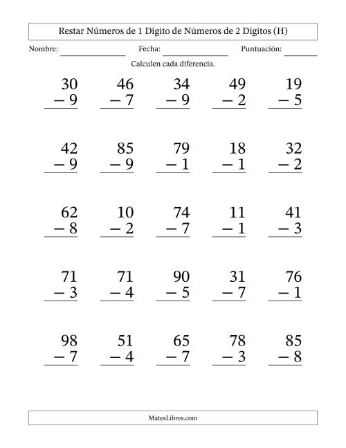 La hoja de ejercicios de Restar números de 1 dígito de números de 2 dígitos, con acarreo en algunas preguntas (25 preguntas) - Formato Grande (H)