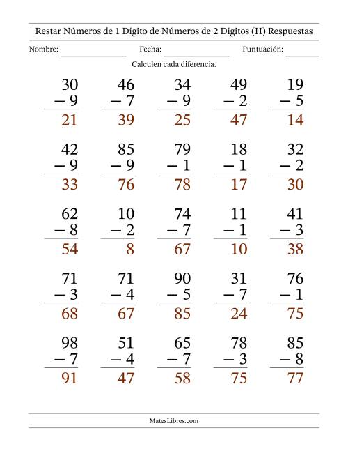 La hoja de ejercicios de Restar números de 1 dígito de números de 2 dígitos, con acarreo en algunas preguntas (25 preguntas) - Formato Grande (H) Página 2