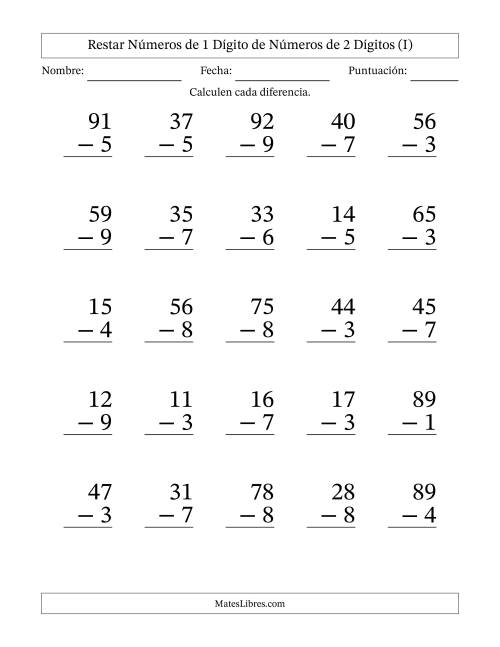 La hoja de ejercicios de Restar números de 1 dígito de números de 2 dígitos, con acarreo en algunas preguntas (25 preguntas) - Formato Grande (I)