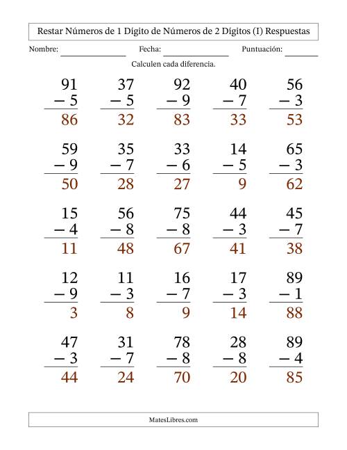 La hoja de ejercicios de Restar números de 1 dígito de números de 2 dígitos, con acarreo en algunas preguntas (25 preguntas) - Formato Grande (I) Página 2