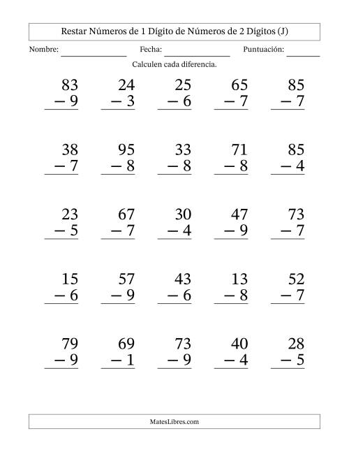 La hoja de ejercicios de Restar números de 1 dígito de números de 2 dígitos, con acarreo en algunas preguntas (25 preguntas) - Formato Grande (J)