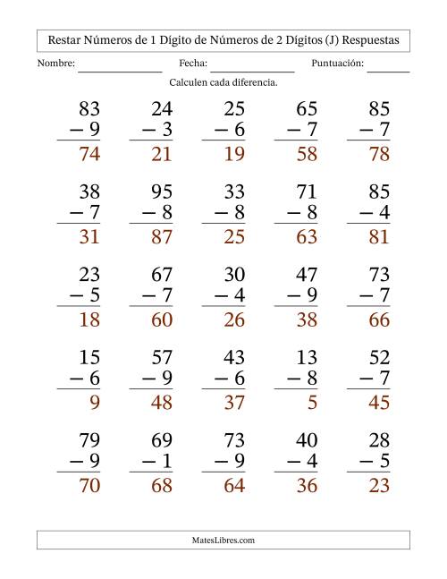 La hoja de ejercicios de Restar números de 1 dígito de números de 2 dígitos, con acarreo en algunas preguntas (25 preguntas) - Formato Grande (J) Página 2