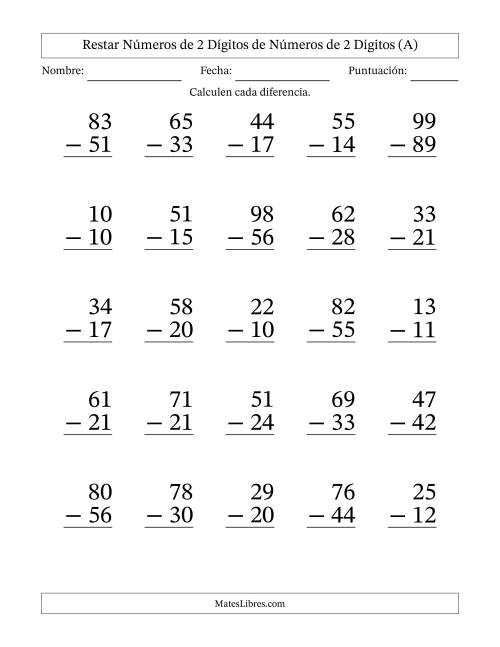 La hoja de ejercicios de Restar números de 2 dígitos de números de 2 dígitos, con acarreo en algunas preguntas (25 preguntas) - Formato Grande (A)