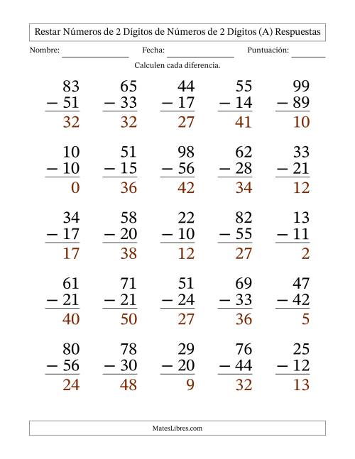 La hoja de ejercicios de Restar números de 2 dígitos de números de 2 dígitos, con acarreo en algunas preguntas (25 preguntas) - Formato Grande (A) Página 2