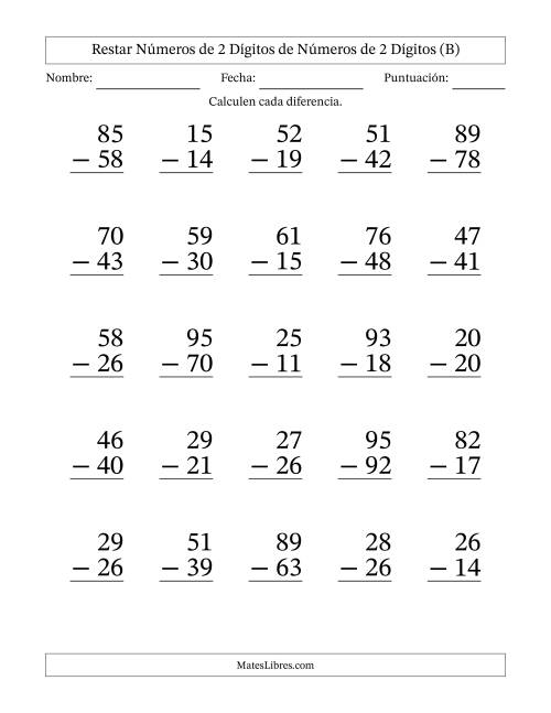 La hoja de ejercicios de Restar números de 2 dígitos de números de 2 dígitos, con acarreo en algunas preguntas (25 preguntas) - Formato Grande (B)