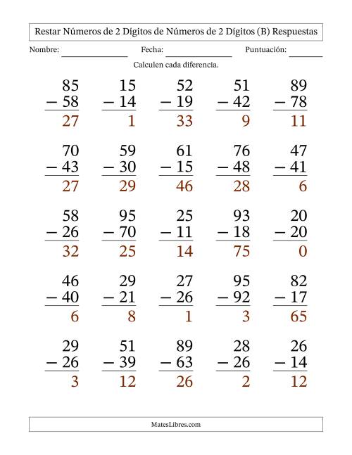 La hoja de ejercicios de Restar números de 2 dígitos de números de 2 dígitos, con acarreo en algunas preguntas (25 preguntas) - Formato Grande (B) Página 2