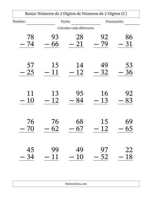 La hoja de ejercicios de Restar números de 2 dígitos de números de 2 dígitos, con acarreo en algunas preguntas (25 preguntas) - Formato Grande (C)
