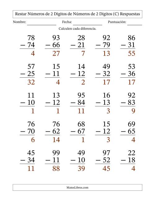 La hoja de ejercicios de Restar números de 2 dígitos de números de 2 dígitos, con acarreo en algunas preguntas (25 preguntas) - Formato Grande (C) Página 2