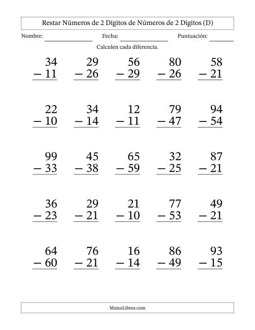 La hoja de ejercicios de Restar números de 2 dígitos de números de 2 dígitos, con acarreo en algunas preguntas (25 preguntas) - Formato Grande (D)
